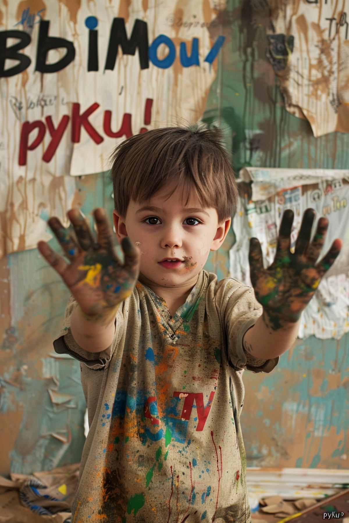 Poster in style of 1950-s playful boy dirty hands in his messy room words \"BbIMOu\" \"pyKu!\"