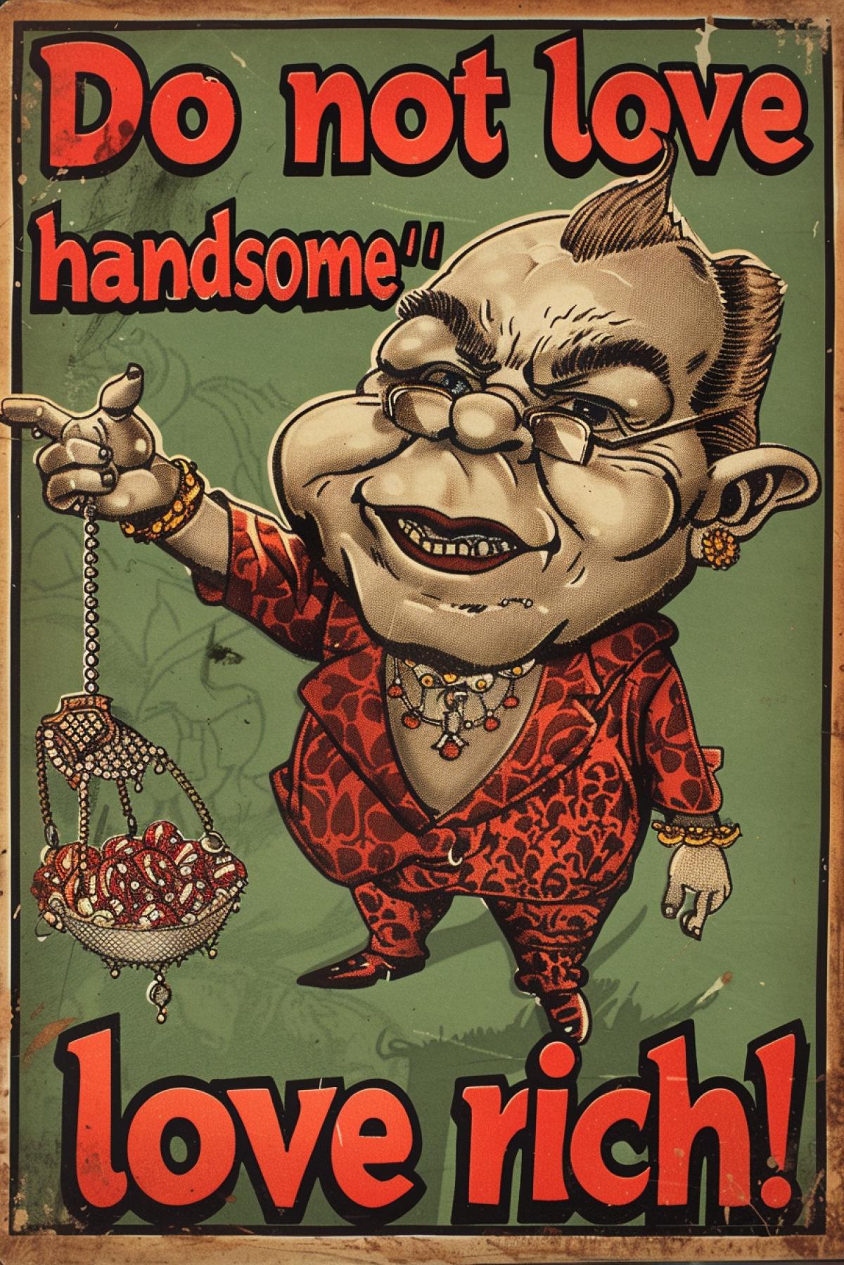 Poster picturing small old ugly humpty angry man wearing luxury clothes and jewelry pointing words \"Do not love handsome\" \"love rich!\"