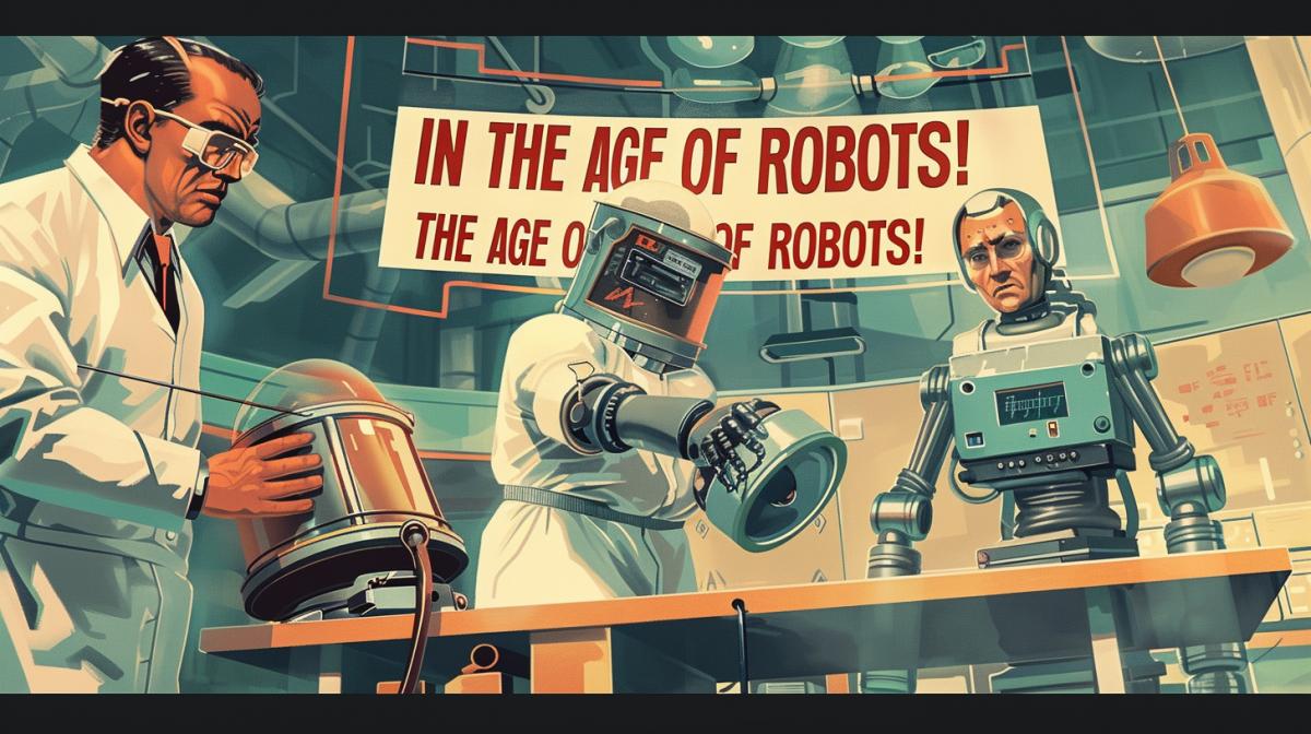 Soviet propaganda poster with the inscription \"IN THE AGE OF ROBOTS!\" , on the poster there is a futuristic laboratory in the laboratory there is a scientist-engineer a humanoid robot and a man, high quality, good detailing, Soviet futurism style