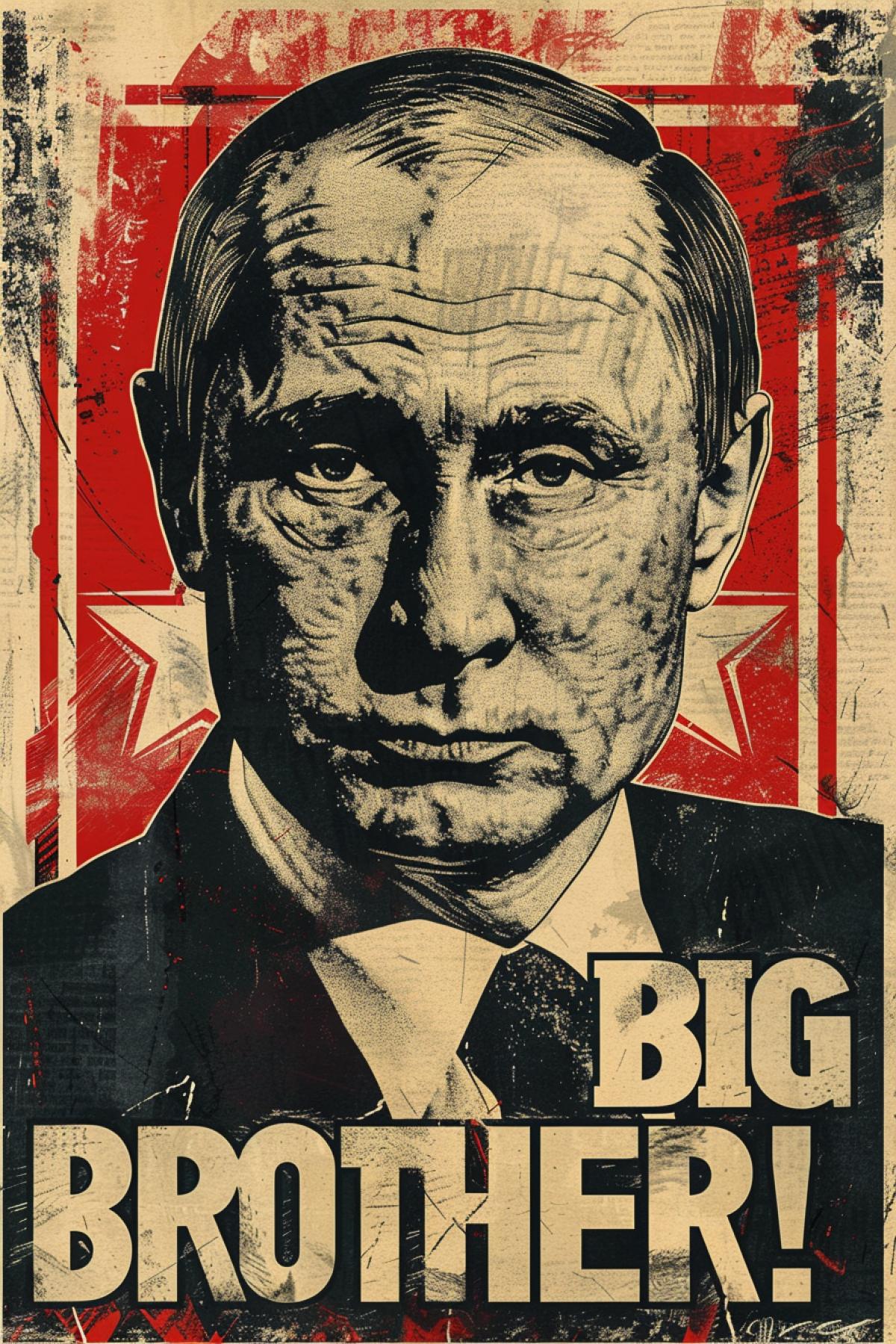 Dystopian propaganda poster with the inscription \"BIG BROTHER!\", on the poster there is a close-up of Putin with a cold and stern look, antitopian style 1984