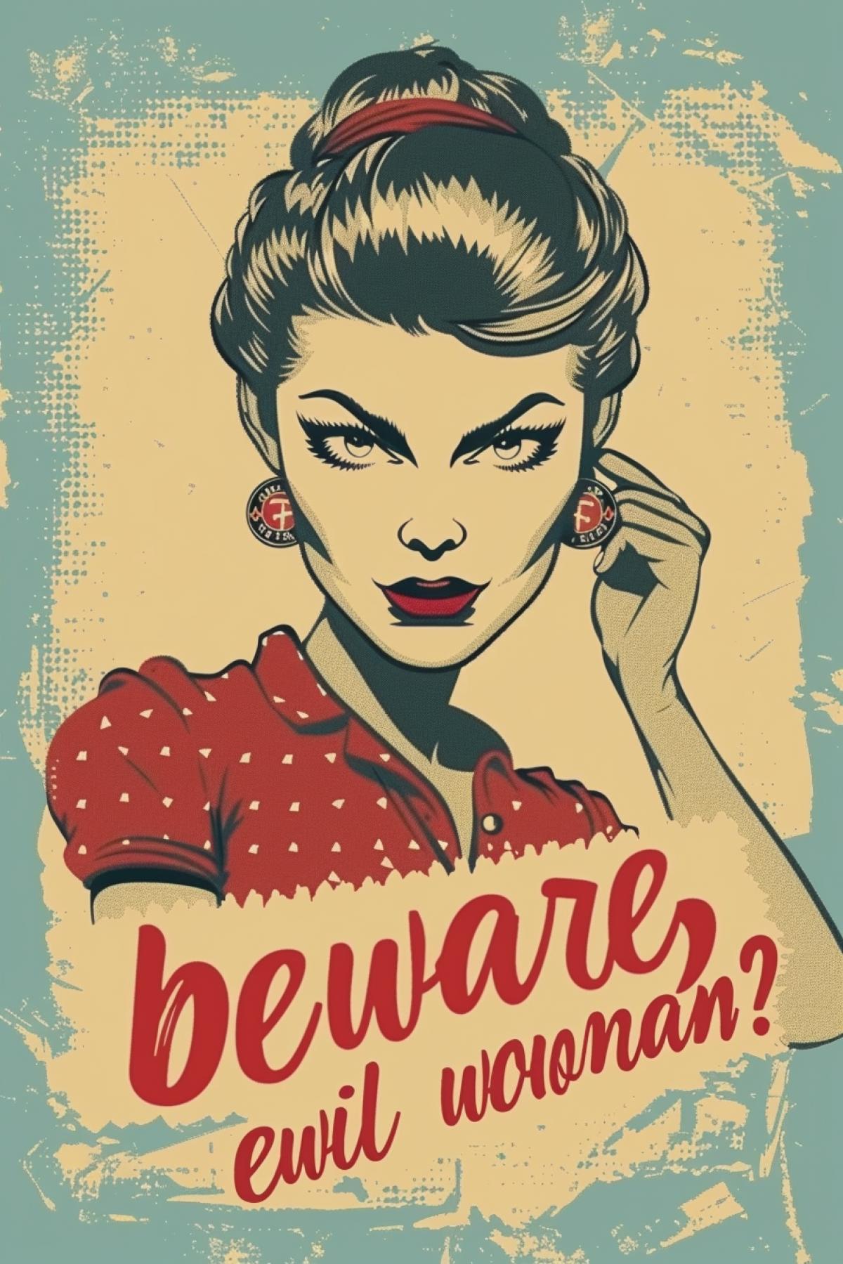 Propaganda poster in the style of the USSR with the inscription \"beware, evil woman\"