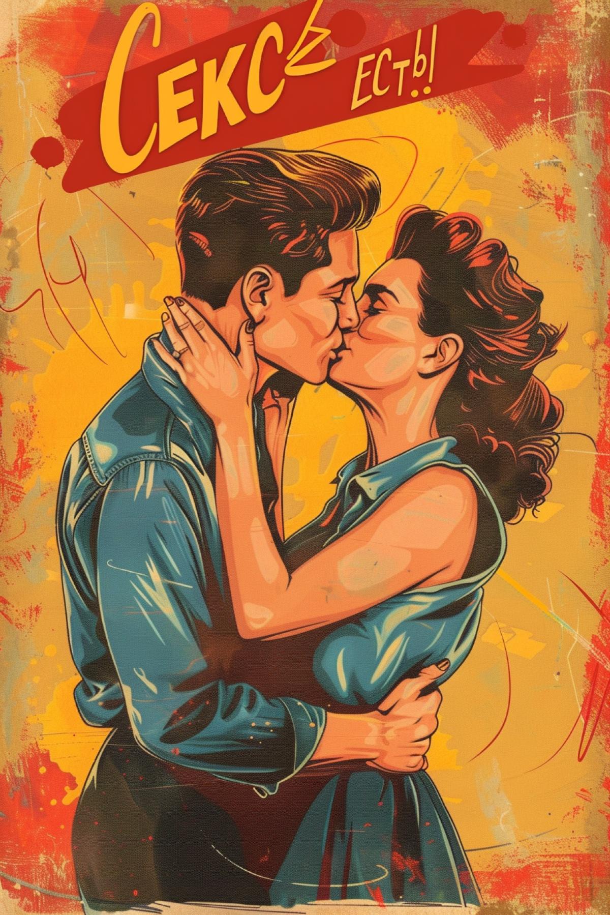 Poster style of 1950-s the couple in love tender touches kissing words \"CEKC\" \"ECTb!\"
