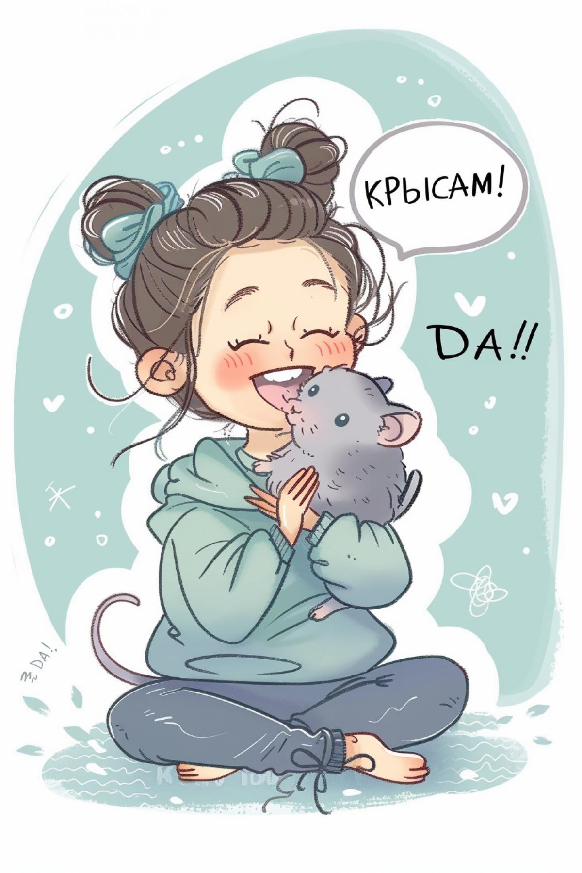 Little cutie girl playing with her pet rat poster style words \"KPbICAM\" \"DA!\"