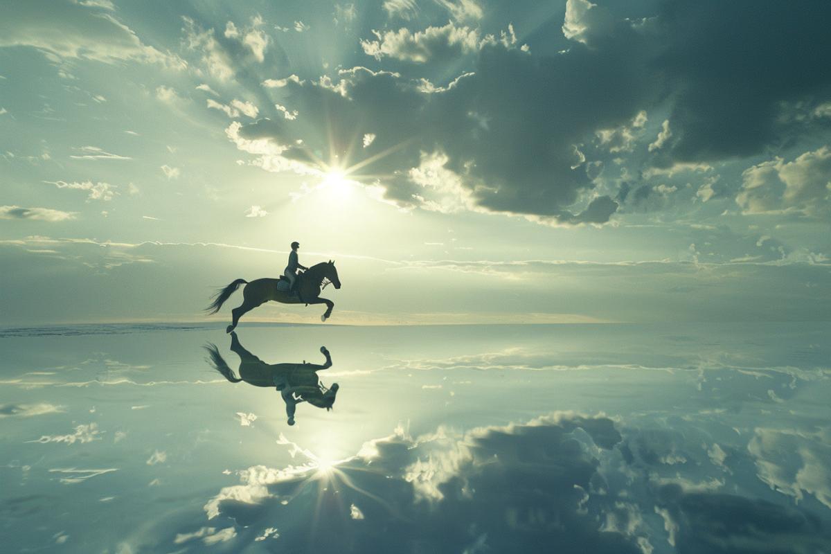 a beautiful bay horse with its rider jumps over an oxer, dynamics, professional photography, short exposure