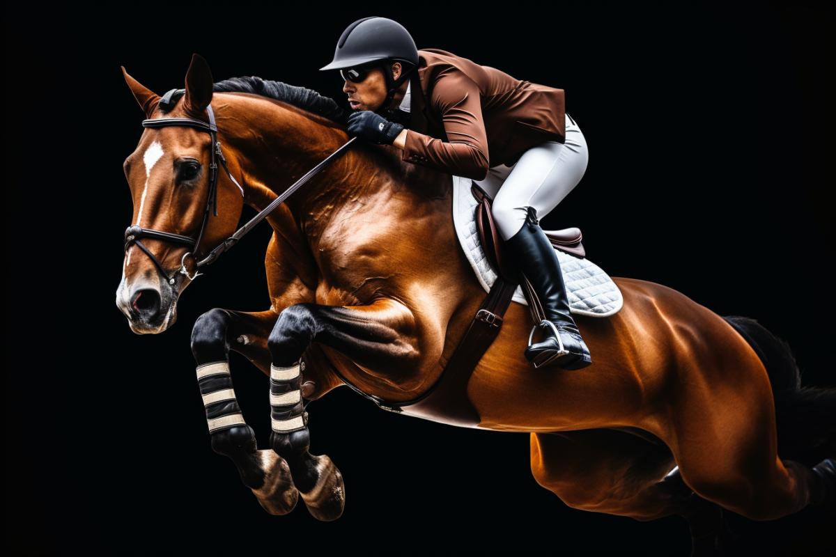 a beautiful bay horse with its rider jumps over an oxer at a competition, dynamics, professional photography, short exposure, panorama