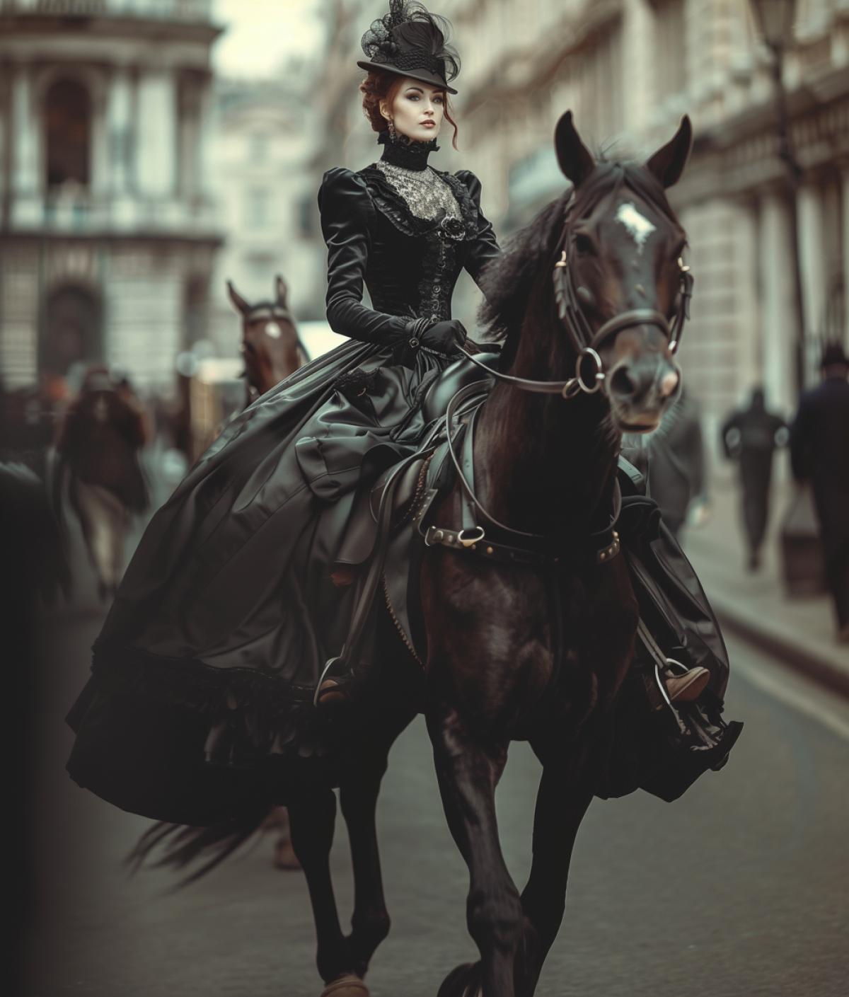 an image of a luxurious attractive woman riding a horse in a Victorian dress symmetrical shot of street of London, Negative Space, Color Splash, Grainy, Vignette, Low Key, Retro style, Bokeh effect, Solarization, Cross Processing