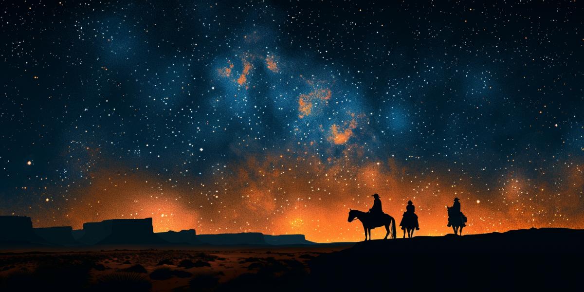 A silhouette of Horseback riders, admiring A desert under a starry sky, deep Blue and orange colors
