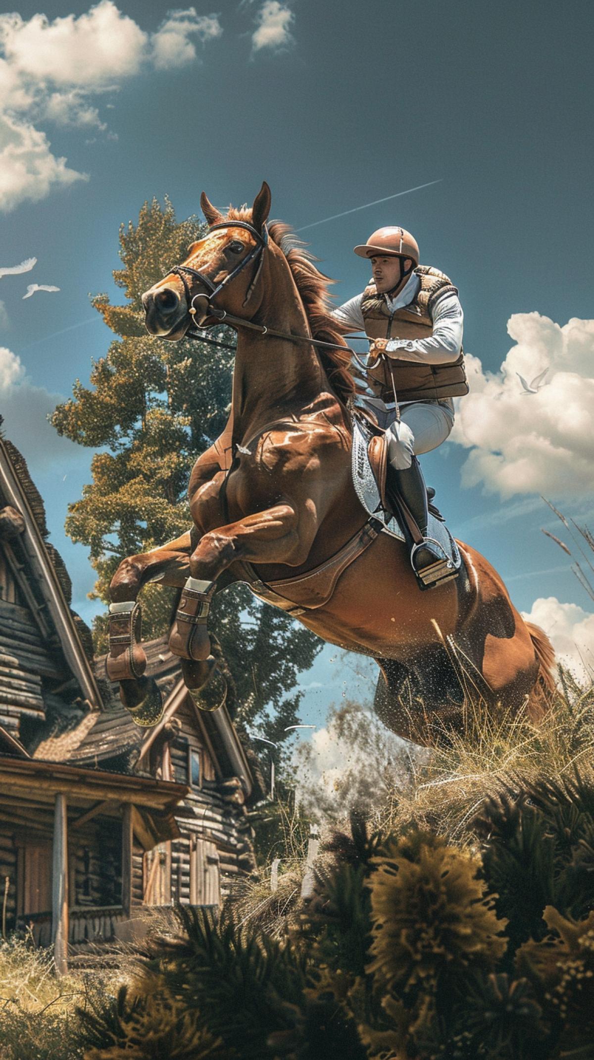 Beautiful parkour of a horse with a jockey in the open spaces of a summer cottage