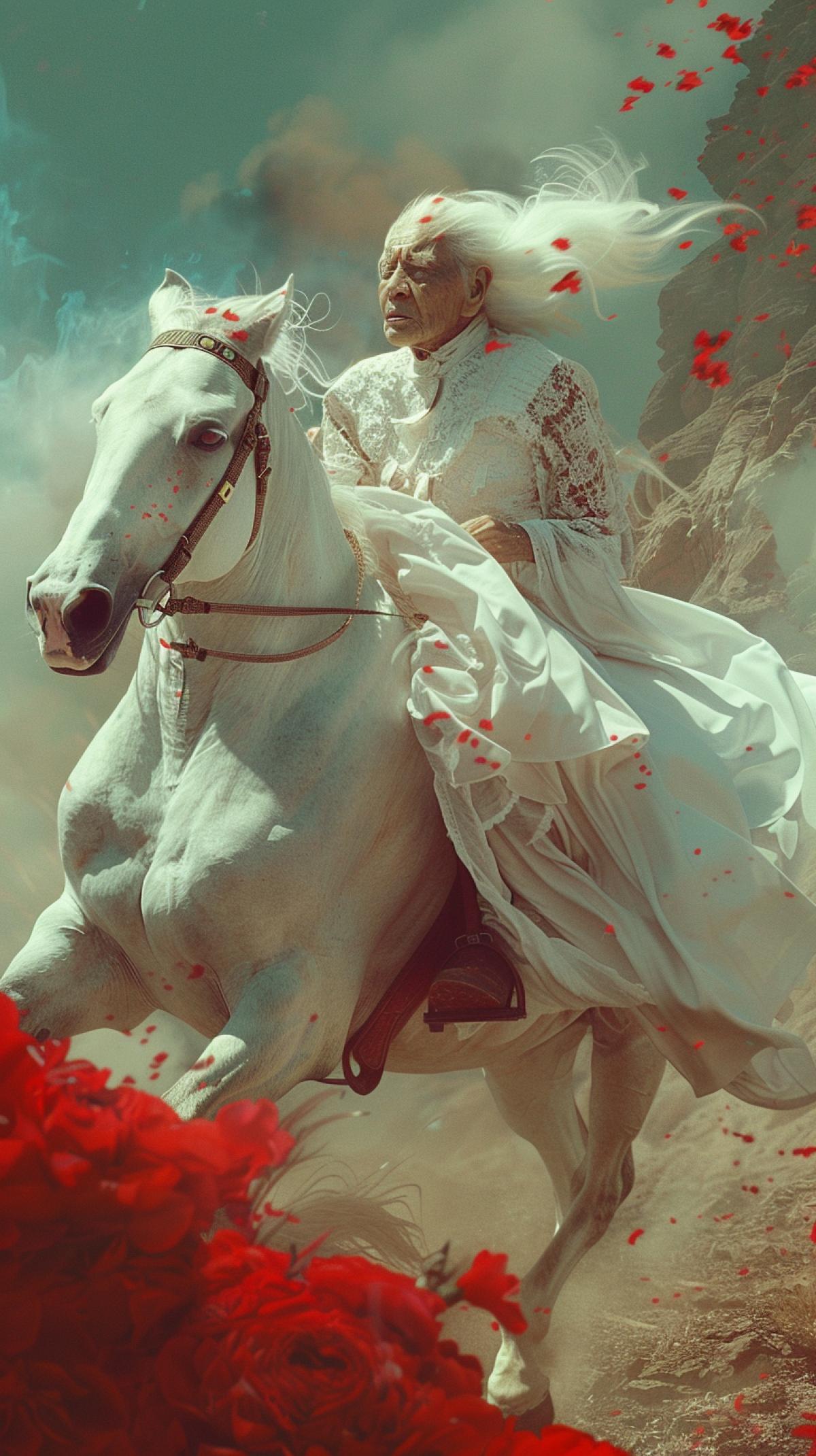 A image of an old woman in a white dress riding a white horse, in the style of dark dark and red, desert punk, limited color palette, mallgoth, hush, japonisme, mcdonald punk ar 95:99 s 750