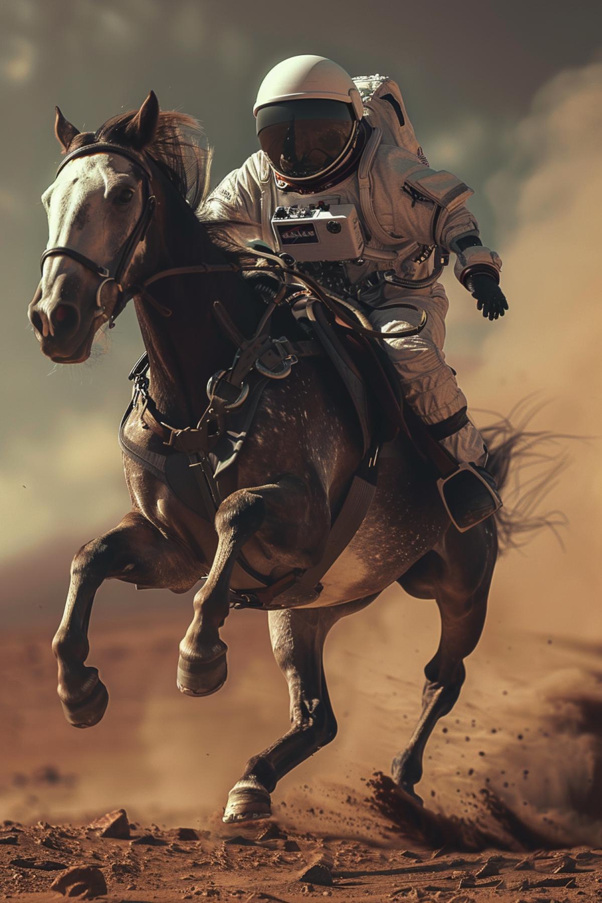 A horse dressed in a spacesuit gallops across Mars, with an astronaut rider on it.