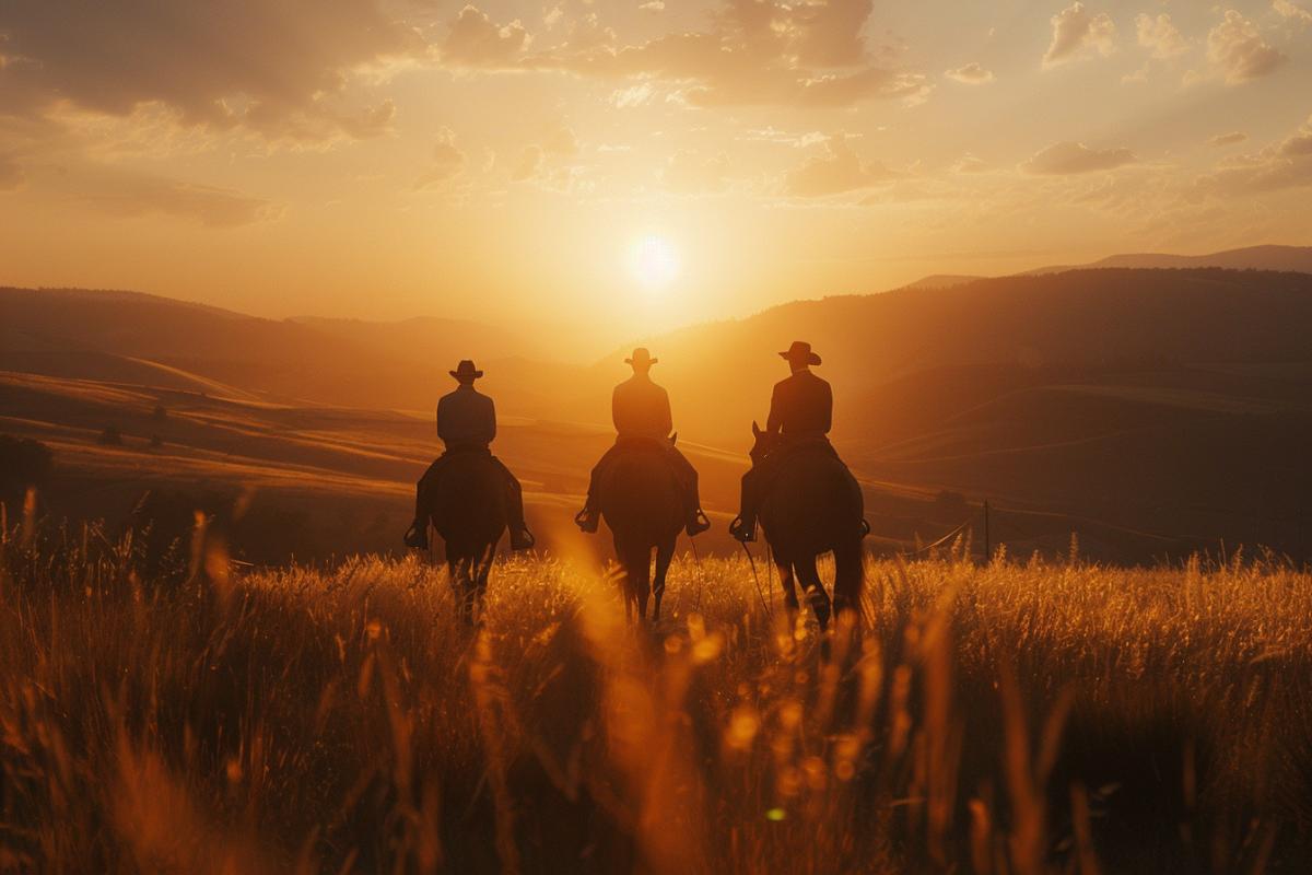 3 riders on horses go towards the sunset, cinematic lighting, high quality photo