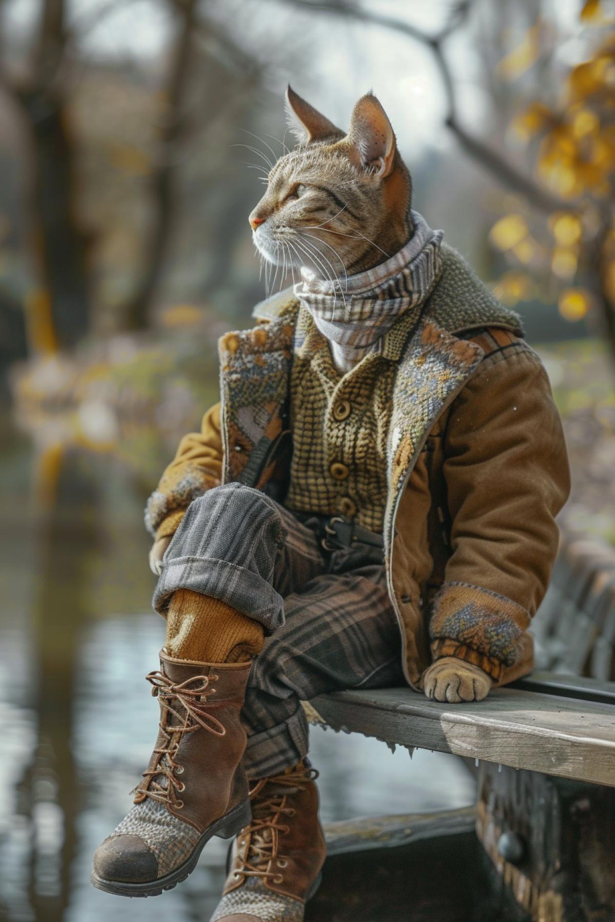 a trendy cat wearing stylish human clothes and shoes, sitting on a bench by the river, spring, realisitic restoration, 8K HD，ultra detailed
