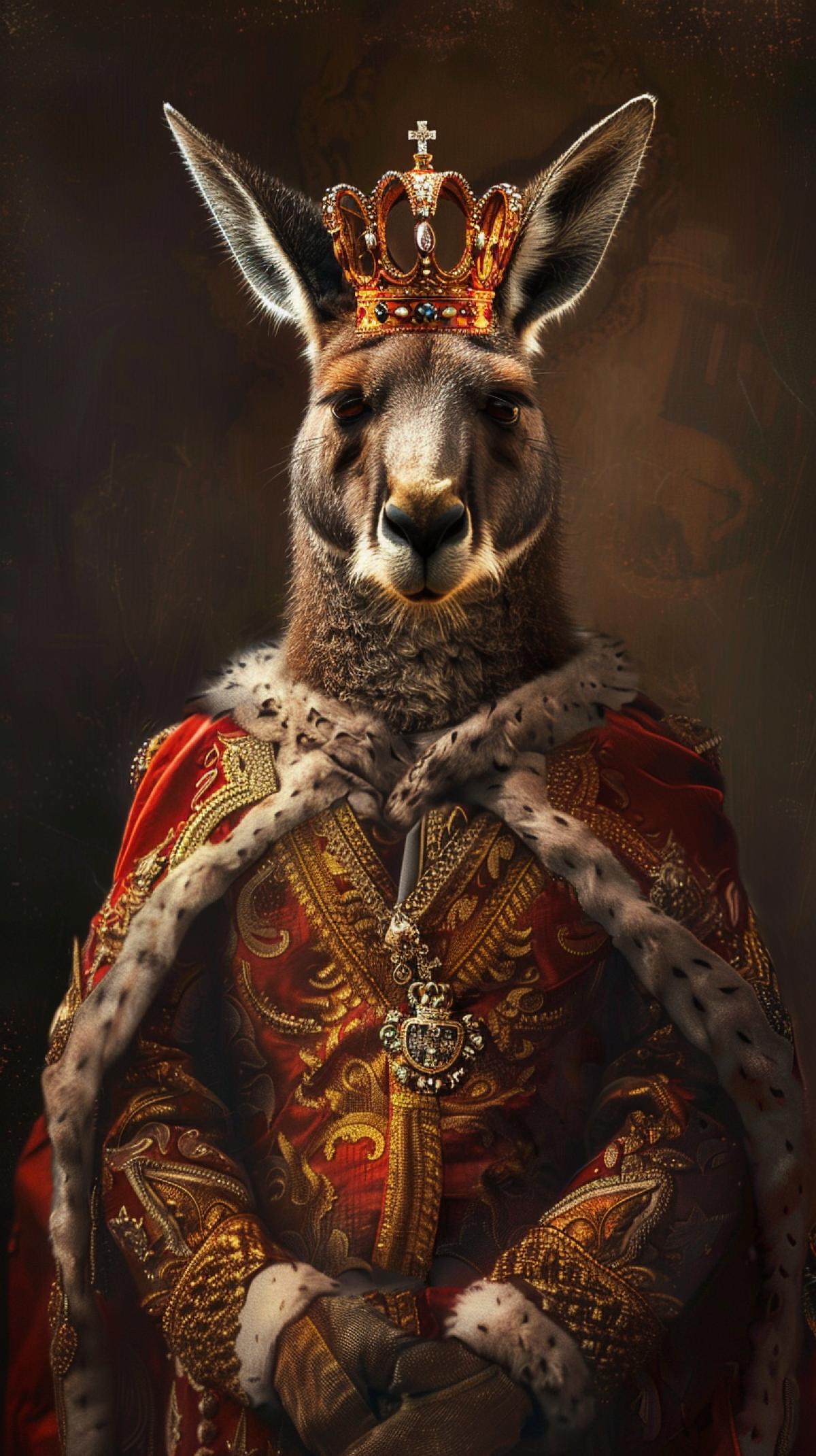Kangaroo in a royal outfit with an arrogant expression on his face