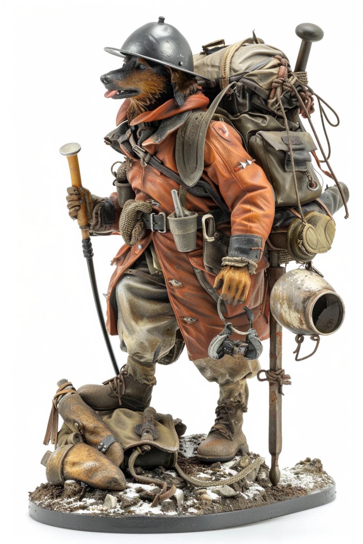 A dachshund researcher in a hiking jacket, hiking backpack and army boots of the world Jean-Baptiste Monge