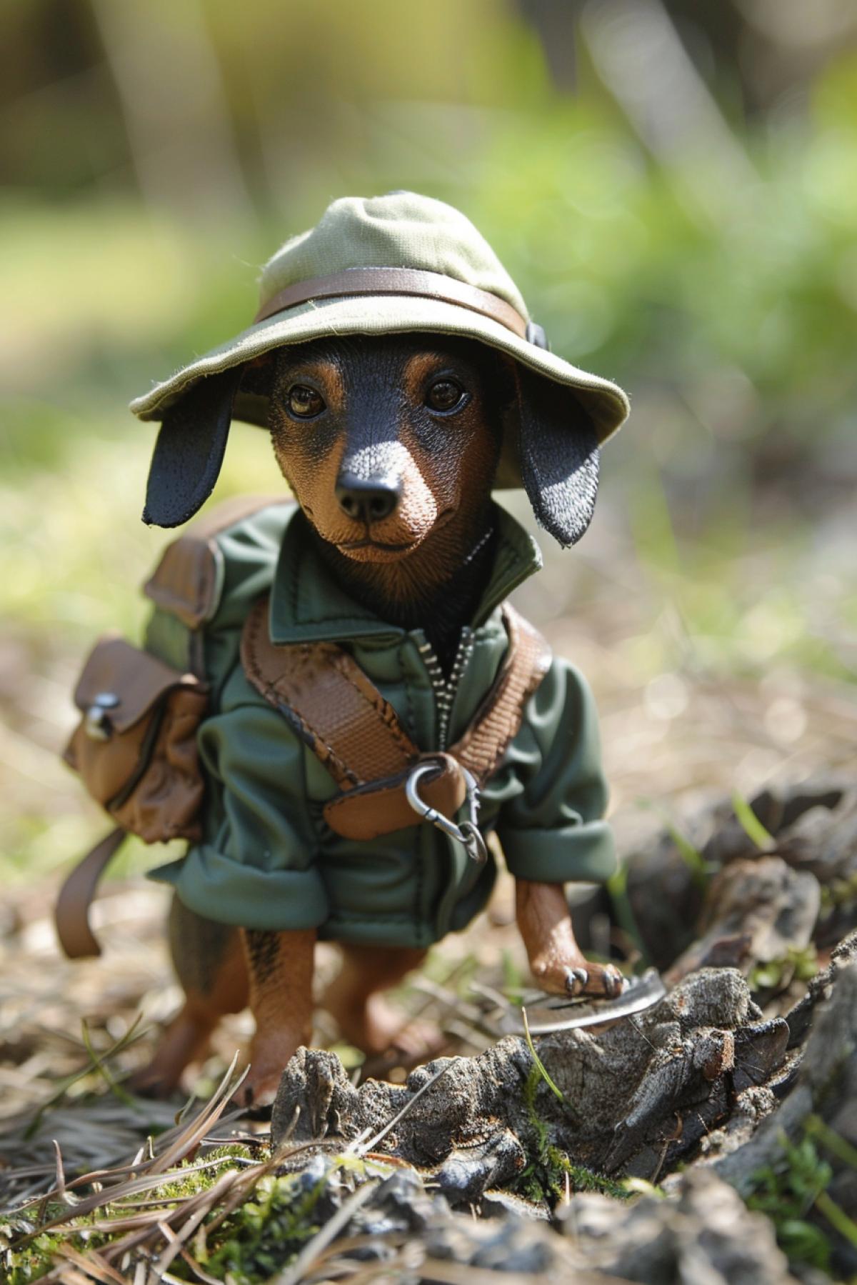 A dachshund researcher in a hiking jacket, hiking backpack and army boots of the world Jean-Baptiste Monge