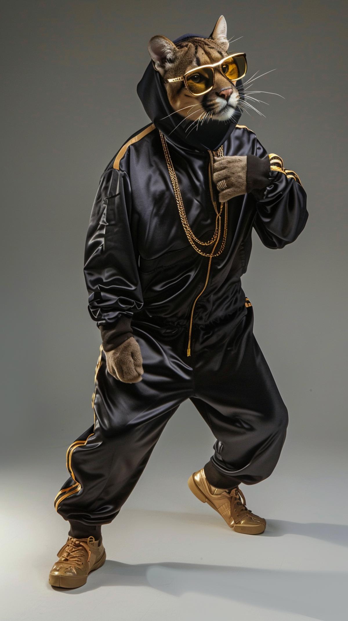 Create a vibrant and dynamic full-length portrait featuring a dancing puma exuding playfulness and confidence. Imagine the puma wearing stylish gold-rimmed glasses, adorned with a striking gold necklace around its neck. The puma should be dressed in a sleek puma tracksuit, seamlessly blending feline elegance with human sophistication. Envision the scene against a classic dark and white studio background, capturing the essence of the pumas dance movements, creating an energetic and lively atmosphere in the com4k. v 6.0 style raw