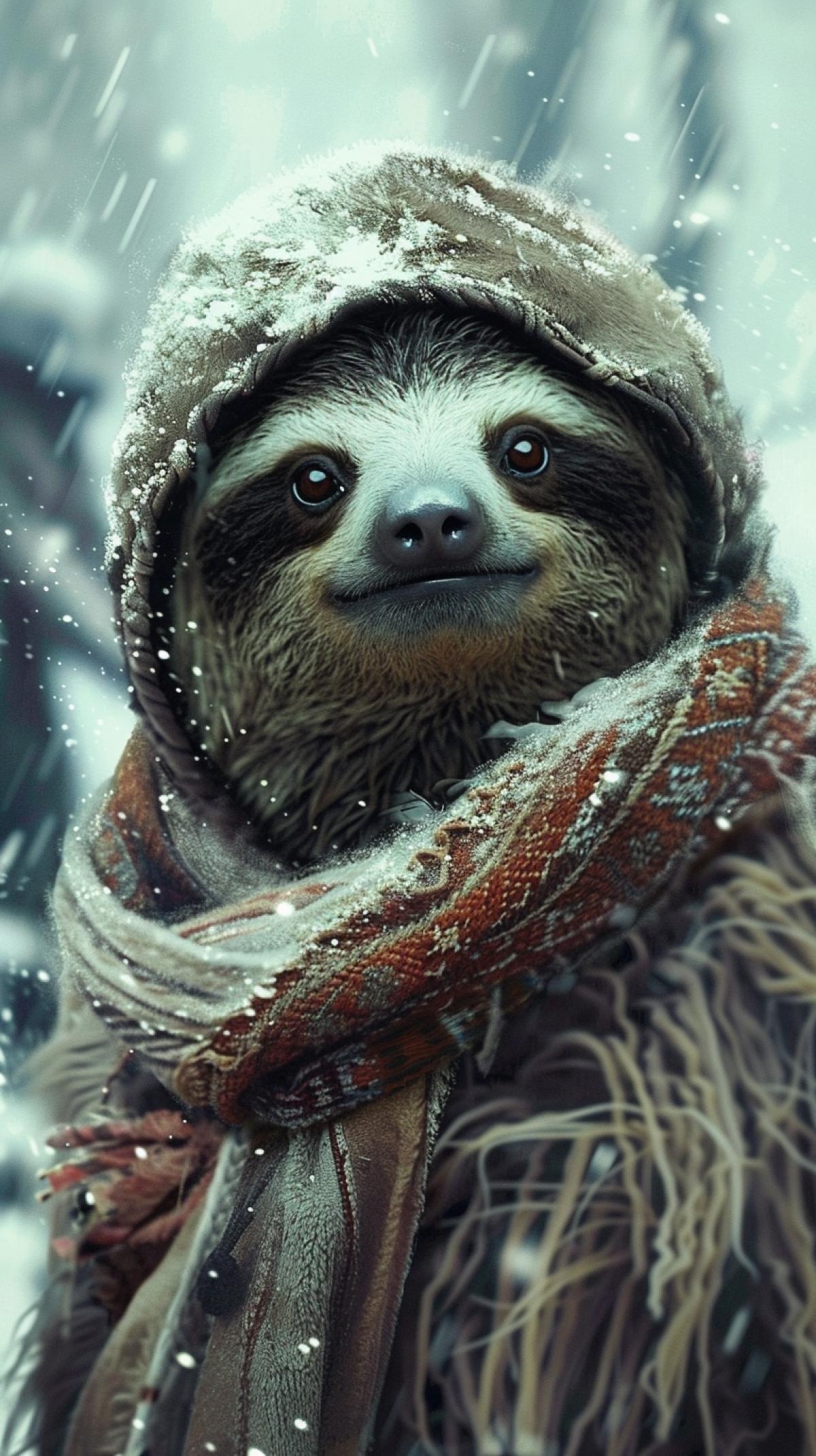 Sloth in Eskimo clothes with a stern look in the north