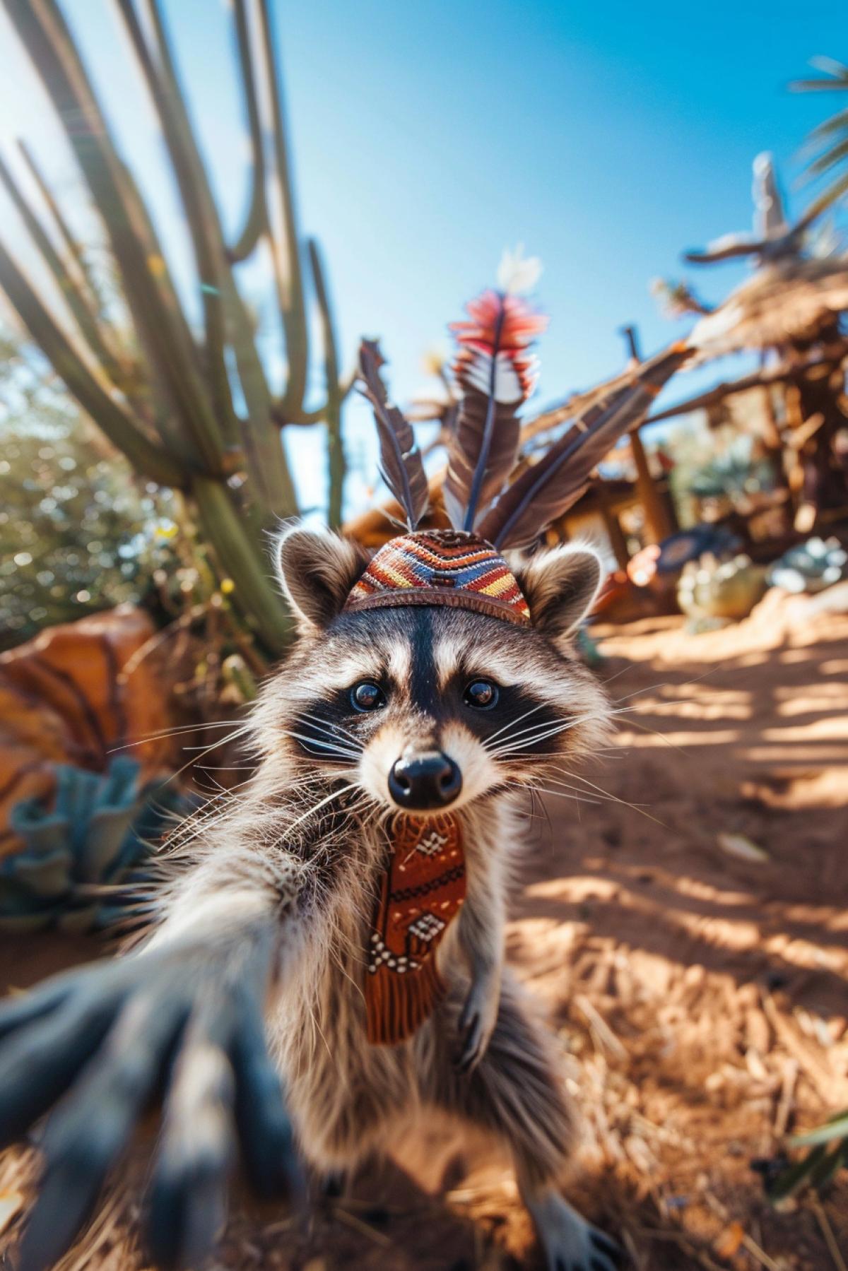 A raccoon dressed as an Apache chief takes selfies against a backdrop of wild prairies and cacti