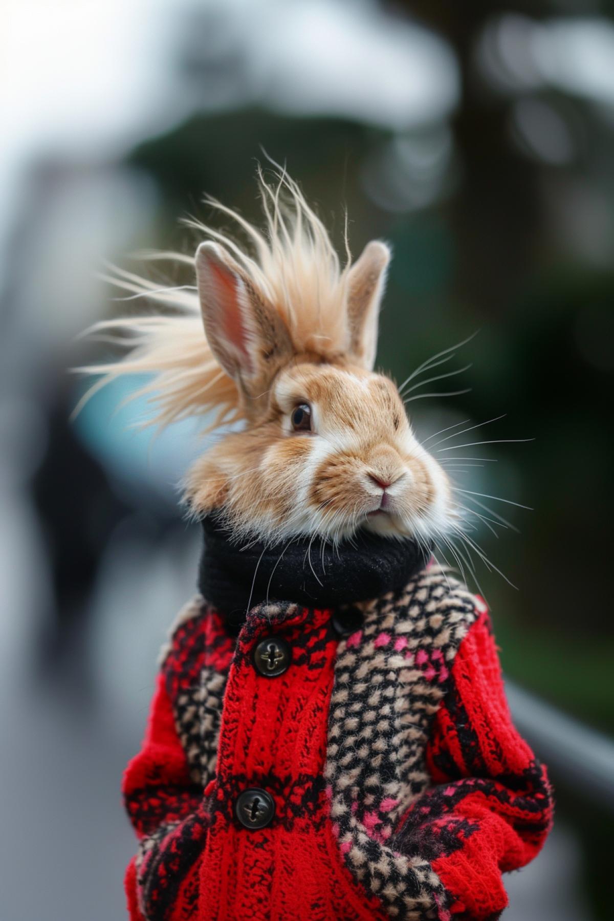 Rabbit with a stylish hairstyle in oversized clothes, fashion 2024, street