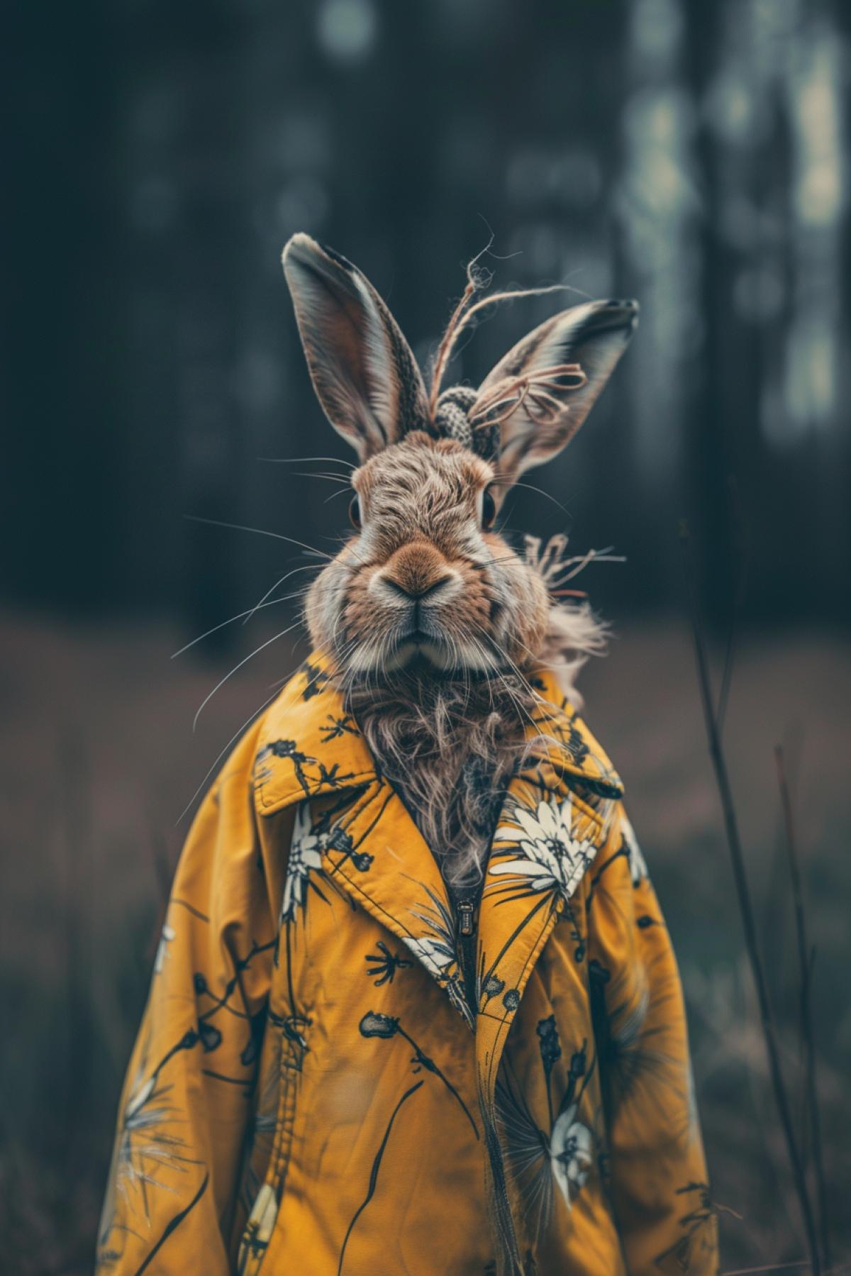 Rabbit with a stylish hairstyle in oversized clothes, fashion 2024, street