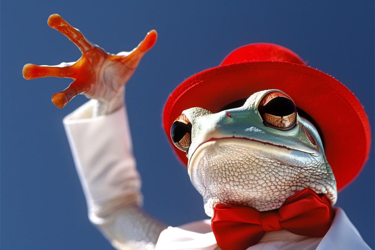 Anthropomorphic frogs in fashionable outfits, stylish frogs
