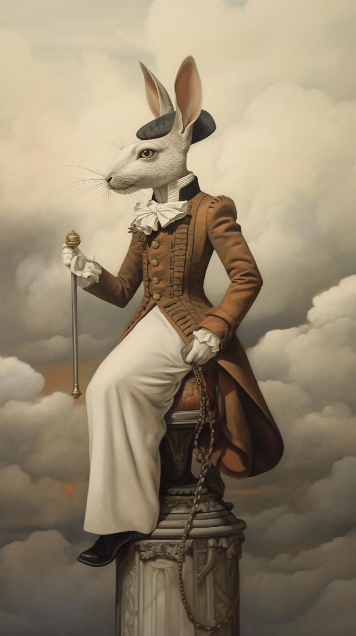 a hare dressed as a sheriff sits on a horse dressed in a tailcoat. against the sky