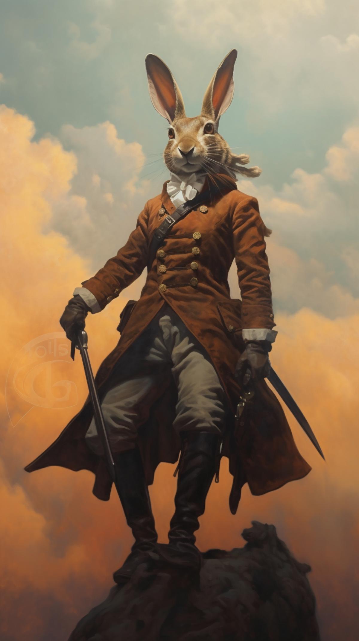 a hare dressed as a sheriff sits on a horse dressed in a tailcoat. against the sky