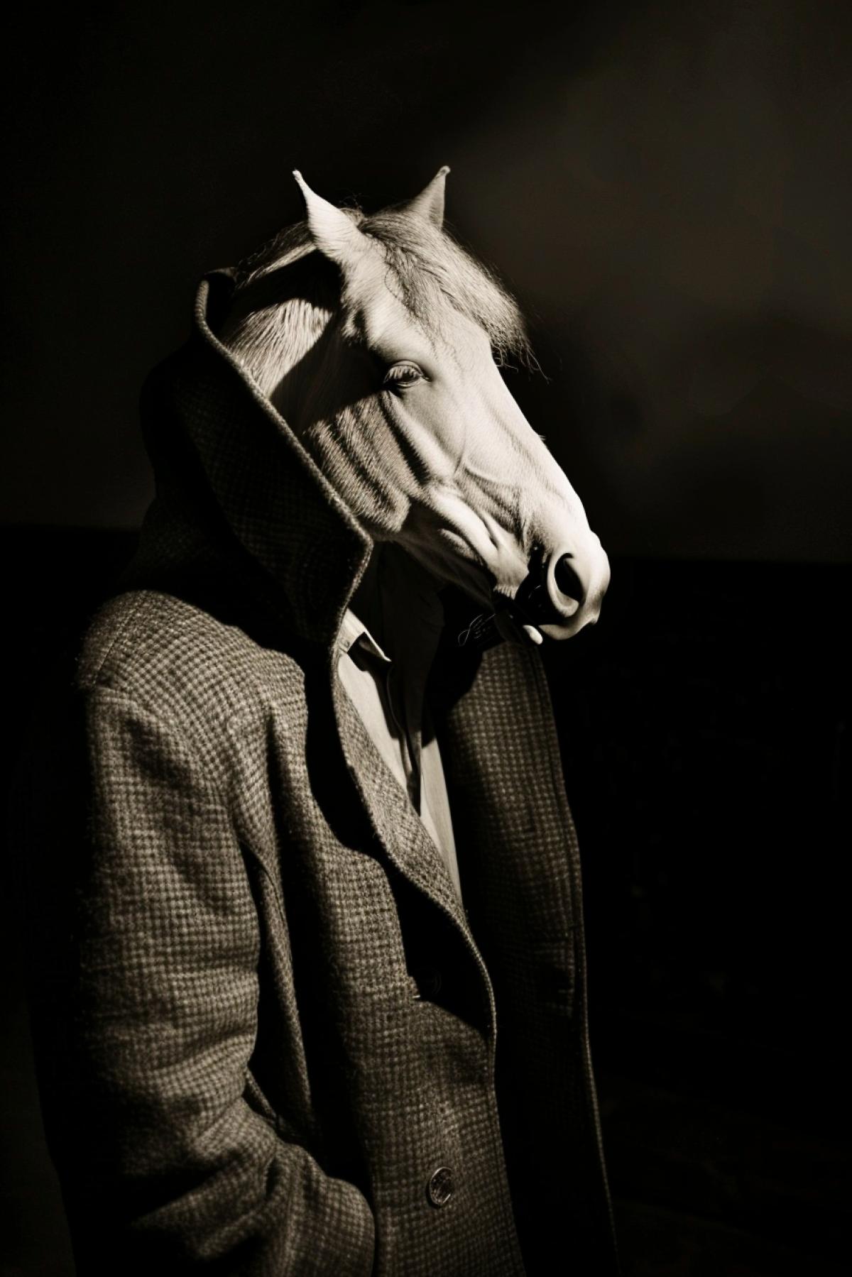 photo of an anthropomorphic horse in a coat, rim lighting