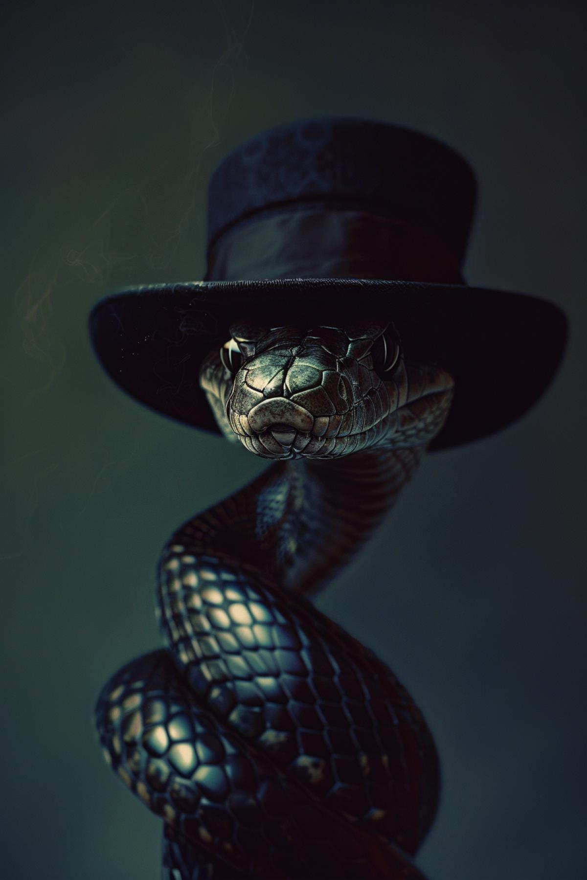 elegant stylish cobra snake in hat, luxury, rich aesthetics, minimalism