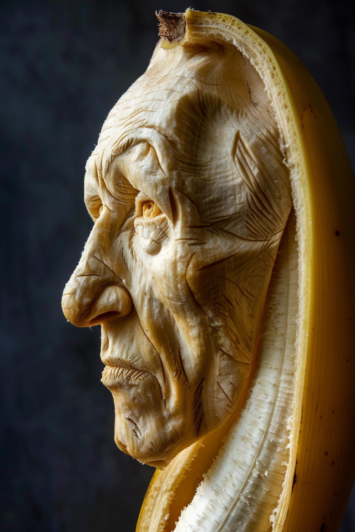 A banana with a human face carved inside. The face is detailed and realistic, creating a contrast between the organic texture of the banana and the exquisite carving of the face. The banana is peeled to show the carvings, and the peel serves as a frame for the artwork. dark background