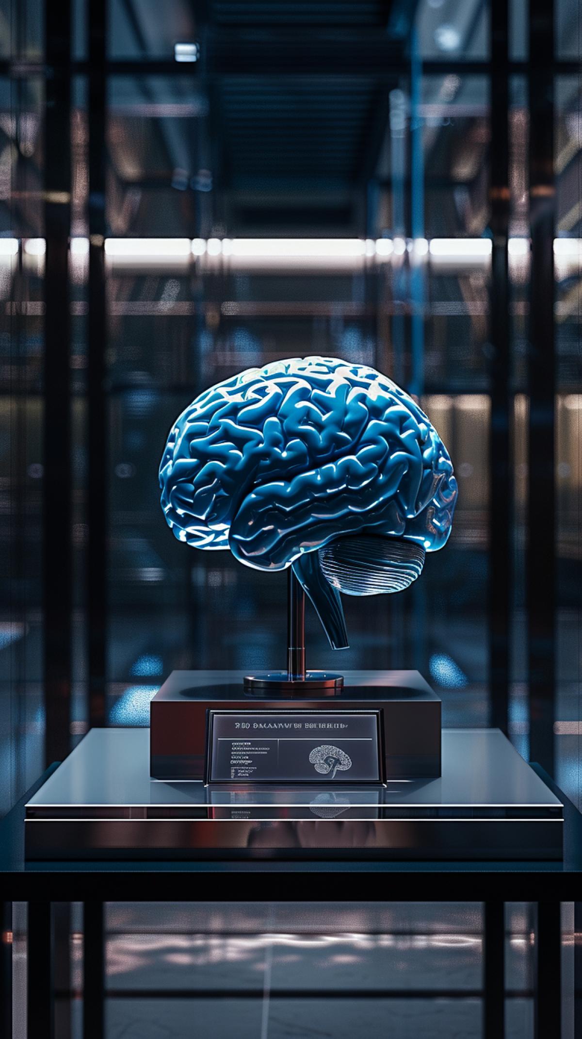 blue colored 3d brain on display in 1/4 of the center of a minimalistic embassy, with a metal plaque in foreground for name, Volumetric Lighting, ultrawide shot, sharp, simple background setting, hyper-realistic, reflection, ray tracing, movie still, ray tracing, hyper detailed, photoreal, photography, cinematic lighting, hdr, hd, cinematography, realism, fine art digital, HD, Mark Molnar mystical, redshift rendering, 8k, q 5 s 750