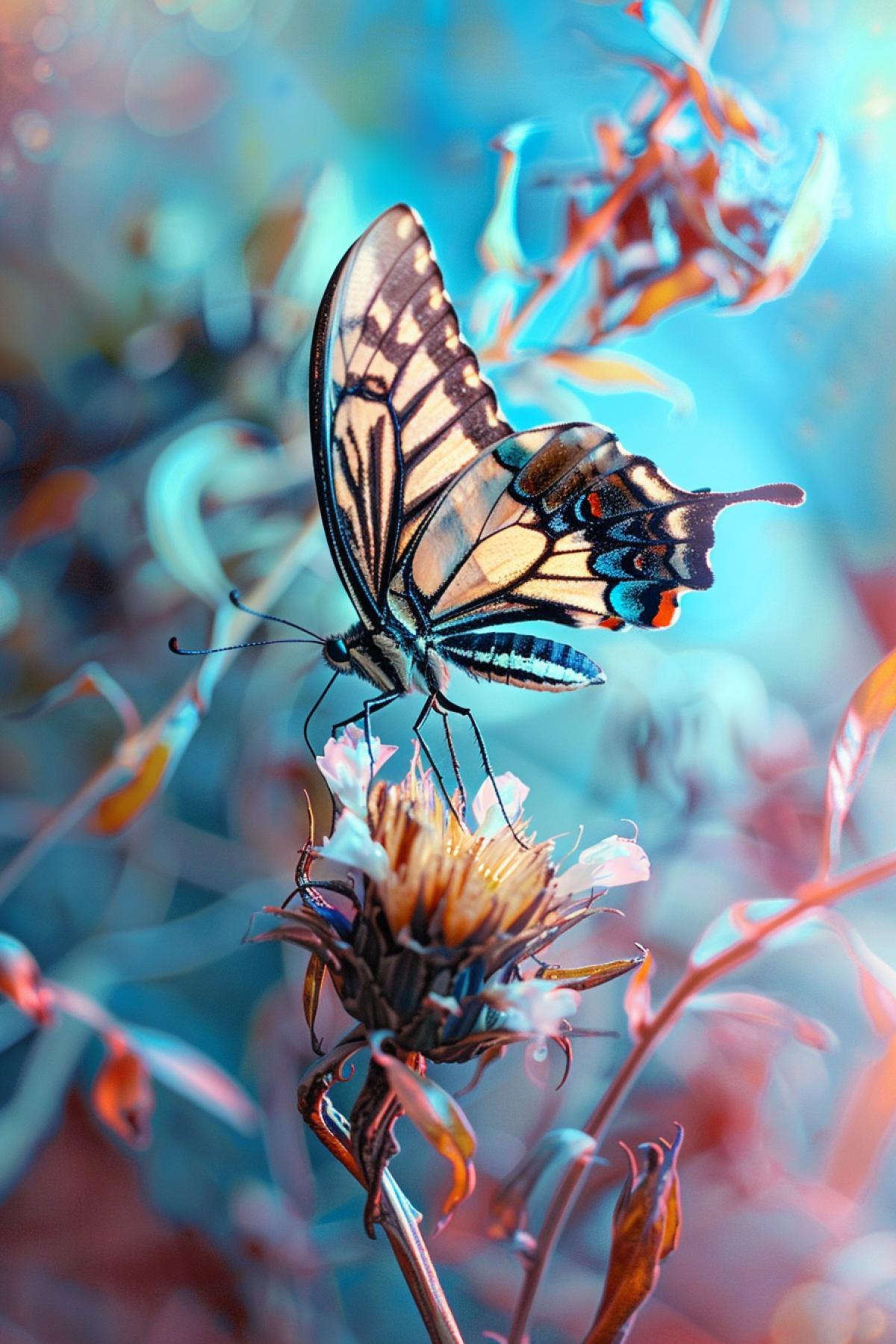 a beautiful butterfly sits on a dried flower, surrealism, modernism. modern Art