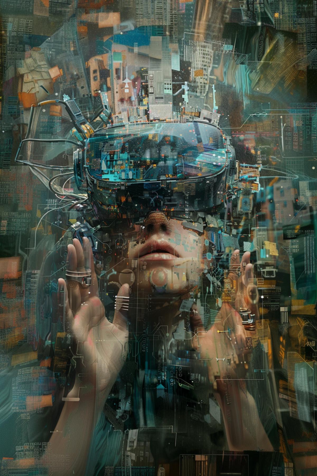 a person in the virtual world, a huge flow of information, . gadgets, many hands. contemporary arts