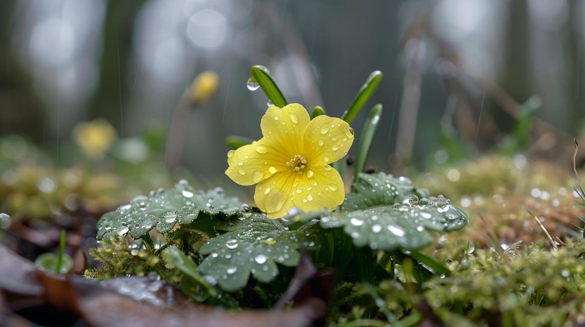 Primrose in raindrops, on the ground there are remnants of snow in the background