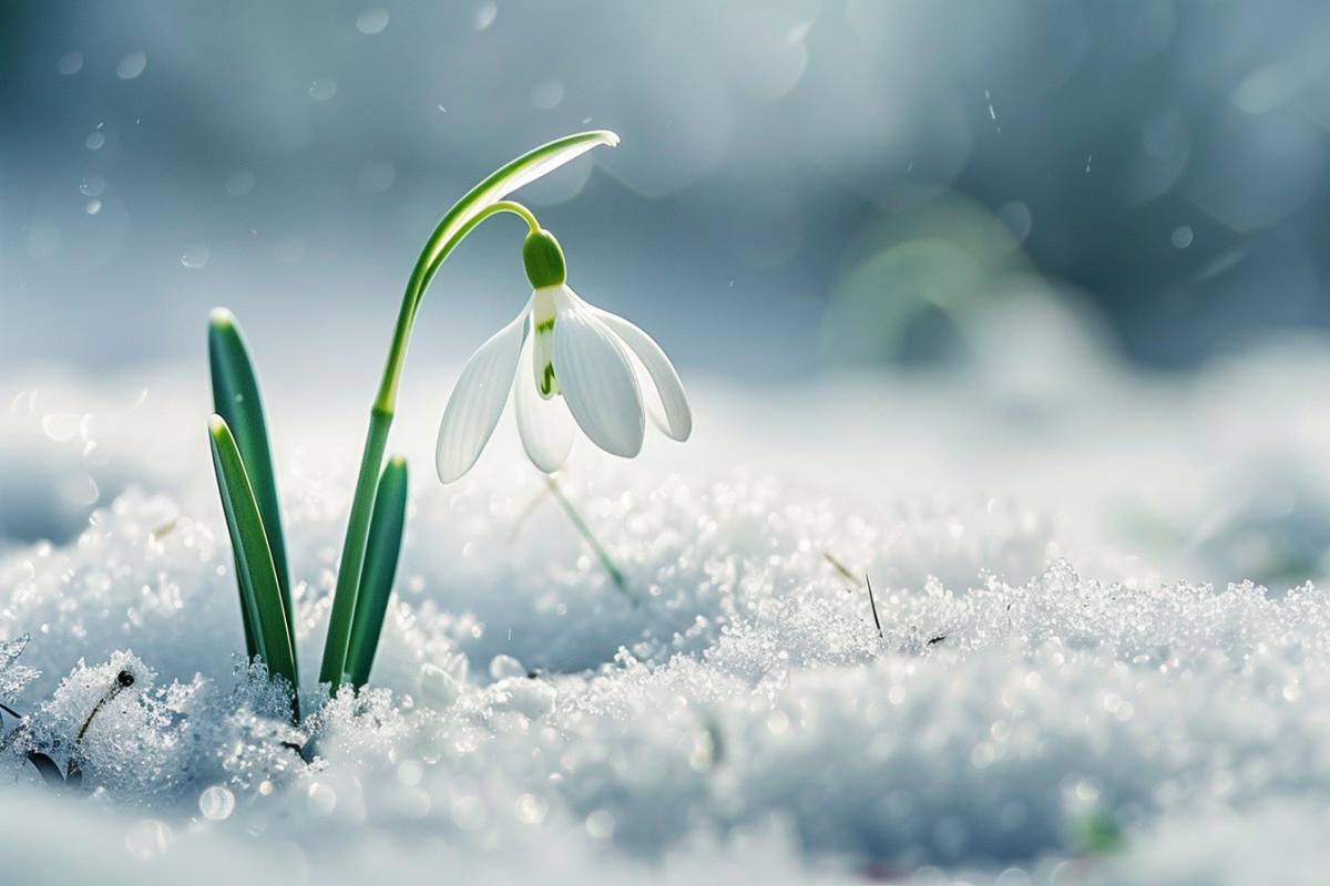 Amidst the wintry landscape, the snowdrop blooms with elegance, its delicate white petals contrasting against the stark whiteness of the snow-covered ground. The slender, green stem emerges from the frosty earth, bearing the pristine blossom as a symbol of hope and resilience. The tiny blooms bow gently under the weight of the melting snow, infusing the stark winter scene with a touch of ethereal beauty and serving as a poignant reminder of natures enduring grace and renewal.