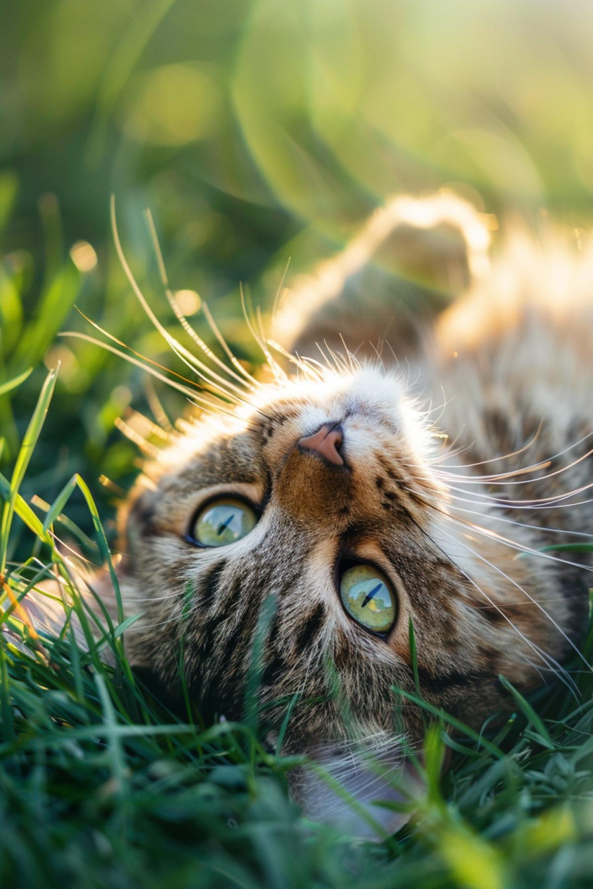 The cat lies on its back, in the spring sun, with grass all around