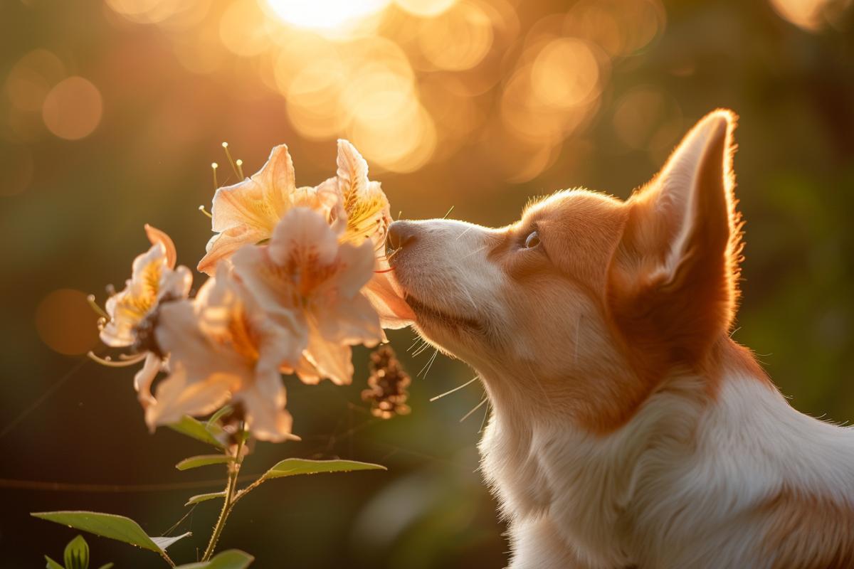 In a springtime photo, the soft rays of early morning light create a gentle, ethereal glow, illuminating a charming corgi as it delicately sniffs a freshly bloomed flower. The captivating interplay of light and shadow adds a touch of mystery to the scene, amplifying the corgis adorable curiosity. Each petal of the flower is accentuated by the subtle play of light, casting an enchanting spell over the tranquil setting and capturing the essence of a serene and magical spring morning.