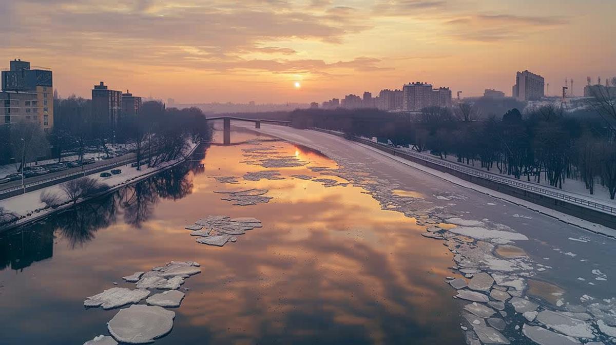 Photo taken from a bridge, view of the river, ice floes floating by, early spring, sunrise over the river, urban atmosphere, breathtaking, I cant believe how beautiful it is, highly-detailed, professional photography