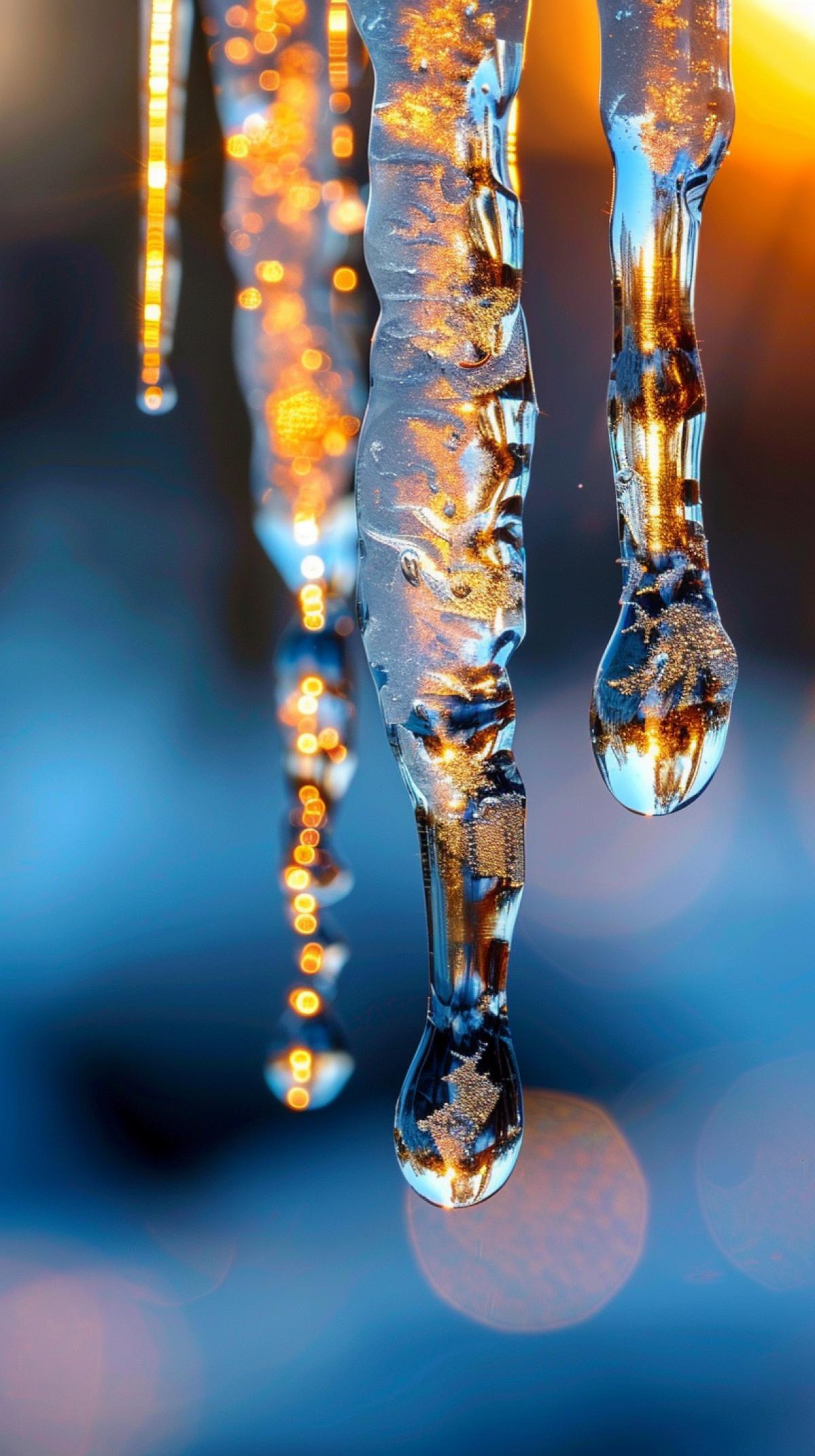 Close up photo of melting icicle, water droplets dripping down, sunlight melted clear ice, early spring, breathtaking beauty of nature, rich colors, professional photography