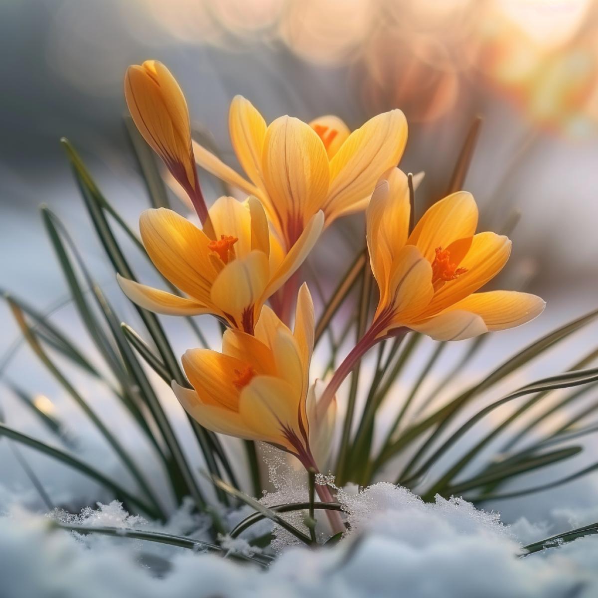 beautiful saffron flowers in the snow, spring, nature, in the style of light bronze and orange, emila medková, 8k resolution, light brown and yellow, landscape inspirations, canon af35m, eco-friendly craftsmanship