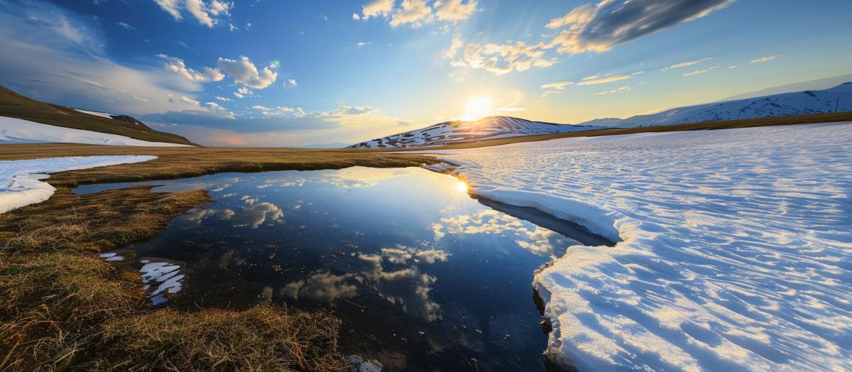 Breathtaking landscape, early spring, melting snow, sunlight, panoramic photo, I cant believe how beautiful it is