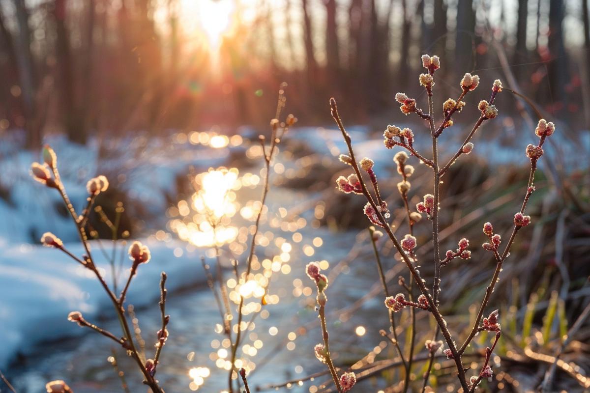 Warm spring rain, the sun is shining, buds are blooming on the trees, early spring, streams, remnants of snow, high quality, professional photography, high quality
