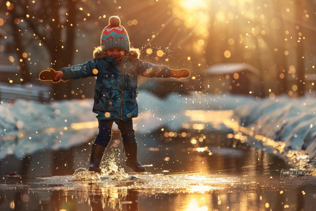 Early spring, a child jumping in a puddle, a happy child, spring rain, the sun is shining, snow remains, high quality
