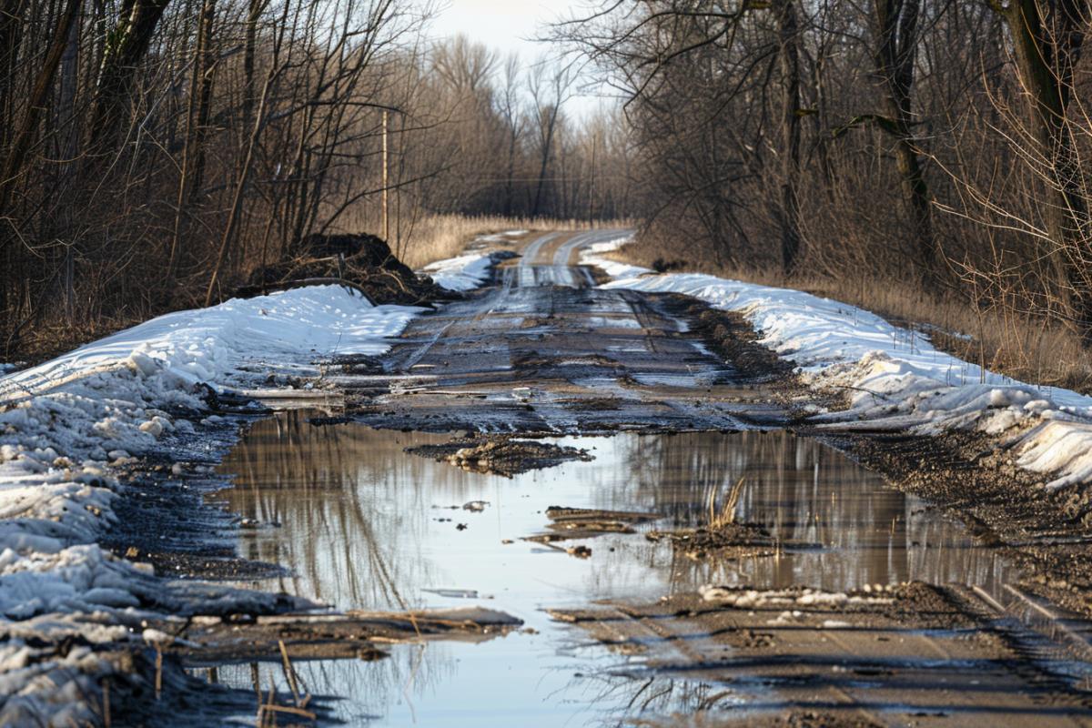 Early spring, a country road in puddles from melted snow, a stalled SUV cant make it through the spring thaw