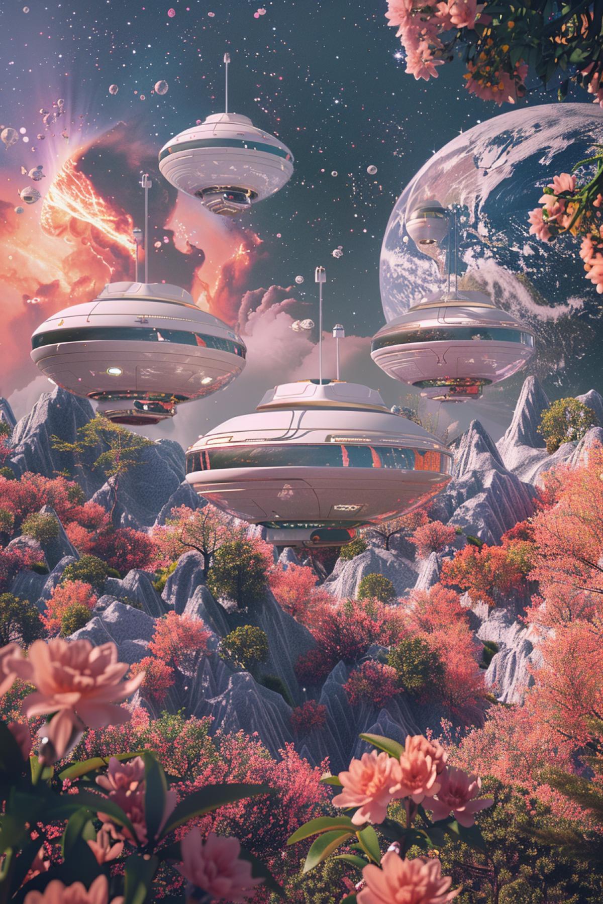 distant galaxy, inhabited planet, white beautiful streamlined small houses flying in the air above the earth, natural habitat, many beautiful trees and flowers