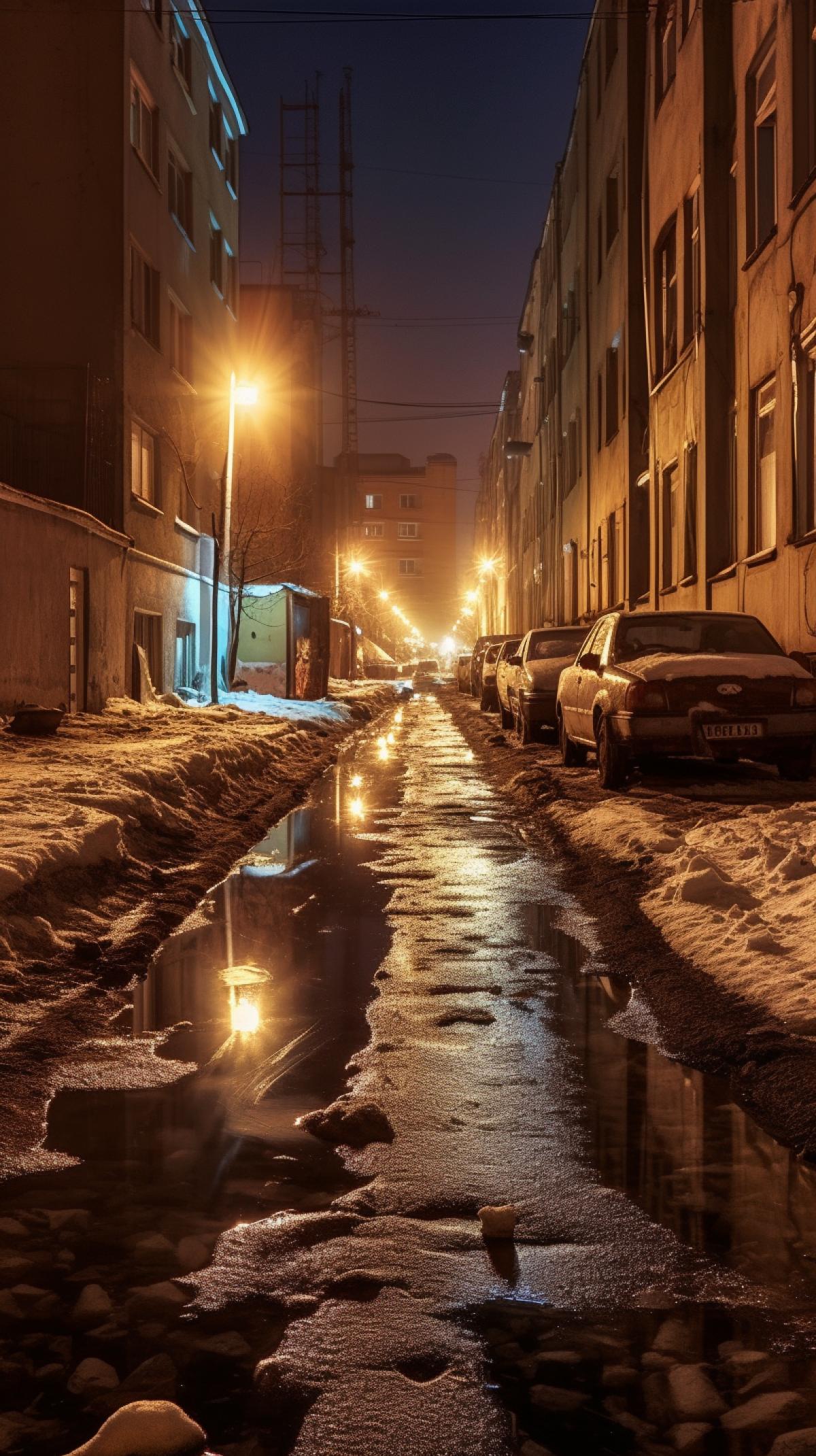 Hyper realistic award winning editorial portrait of a dirty street in Moscow at night, housing project, strange graffitis at night, dirt and snow on the ground by Martin Parr, hyper realistic, award winning, old photo, real, stylize 1000 v 5.1