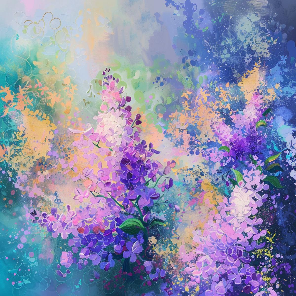 Lilac bushes, spring mood, in the style of japanese abstraction, floral explosions, colorful fantasy