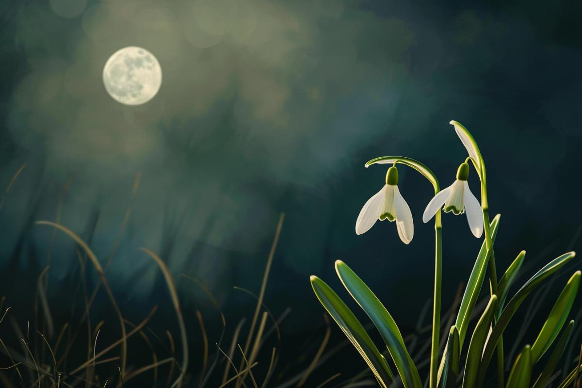 Snowdrops blooming under the moon, in Quantum Impressionism style, with White and deep green probabilistic brush strokes