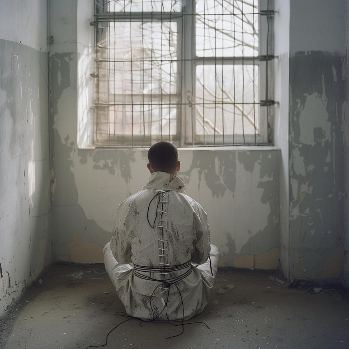 A man in a In a straitjacket with his hands tied behind his back sits in the corner of a room with white walls next to a window, there is a grille on the window, springtime outside the window, asylum