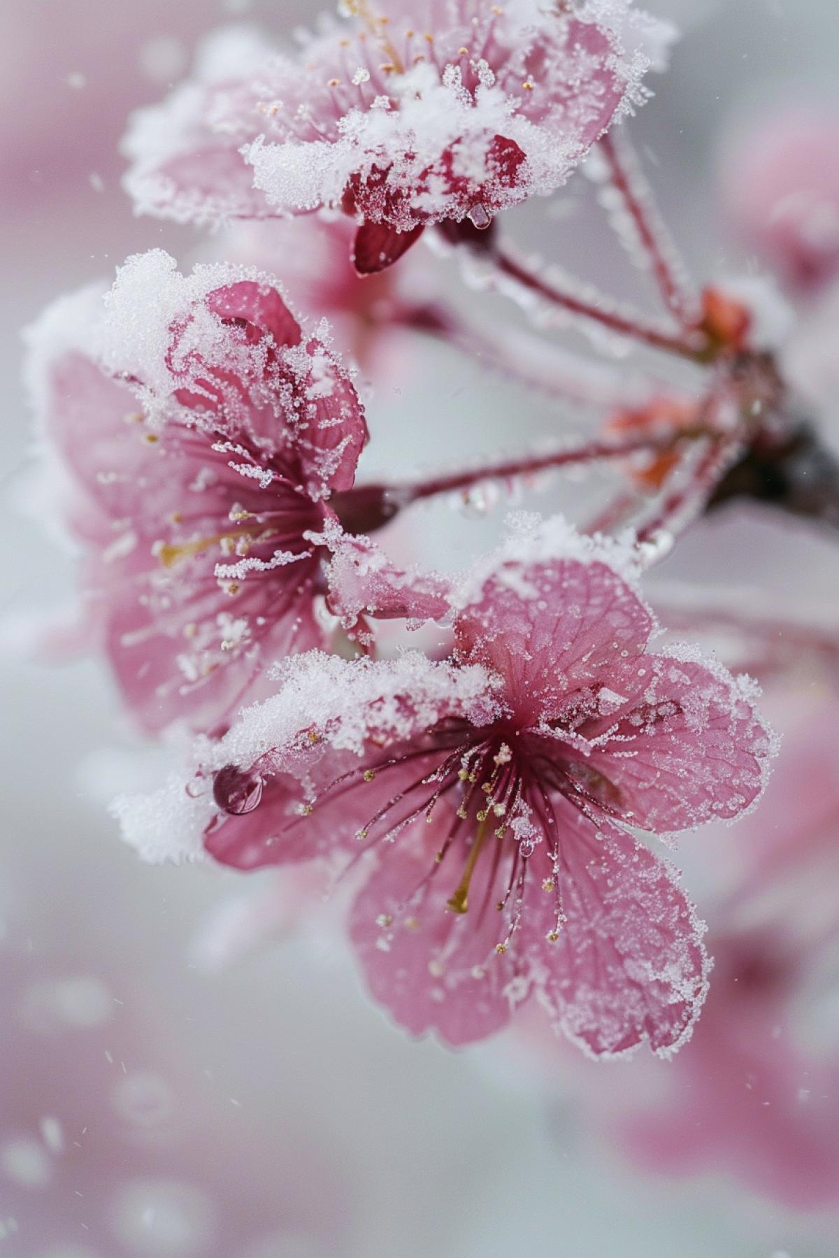 macro shot of first snow fall on cherry blossoms